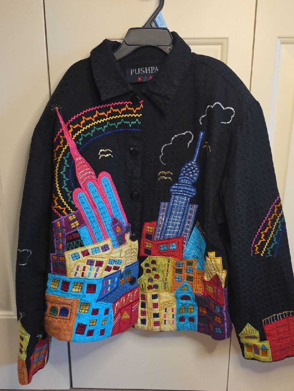Vintage Black Embroidered Cityscape Blazer Jacket